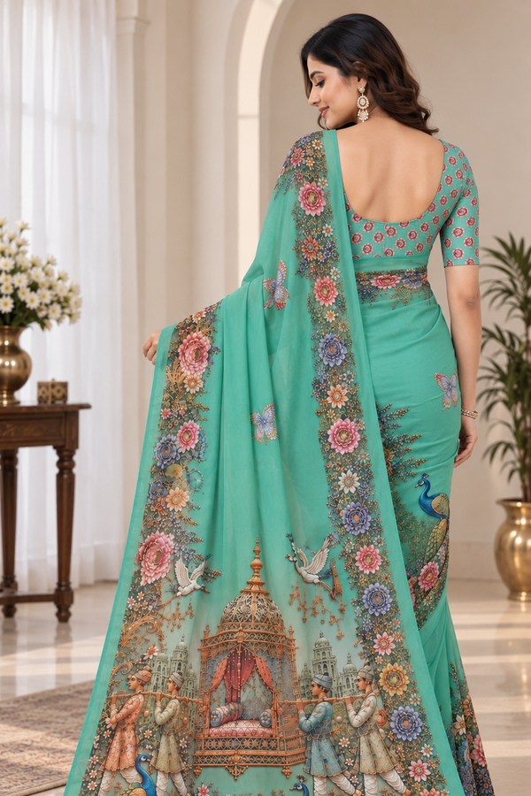 Mint Green Floral Peacock Digital Print Saree