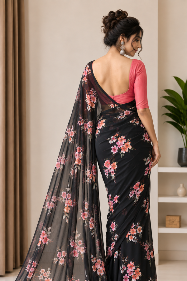Black & Pink Floral Digital Print Saree