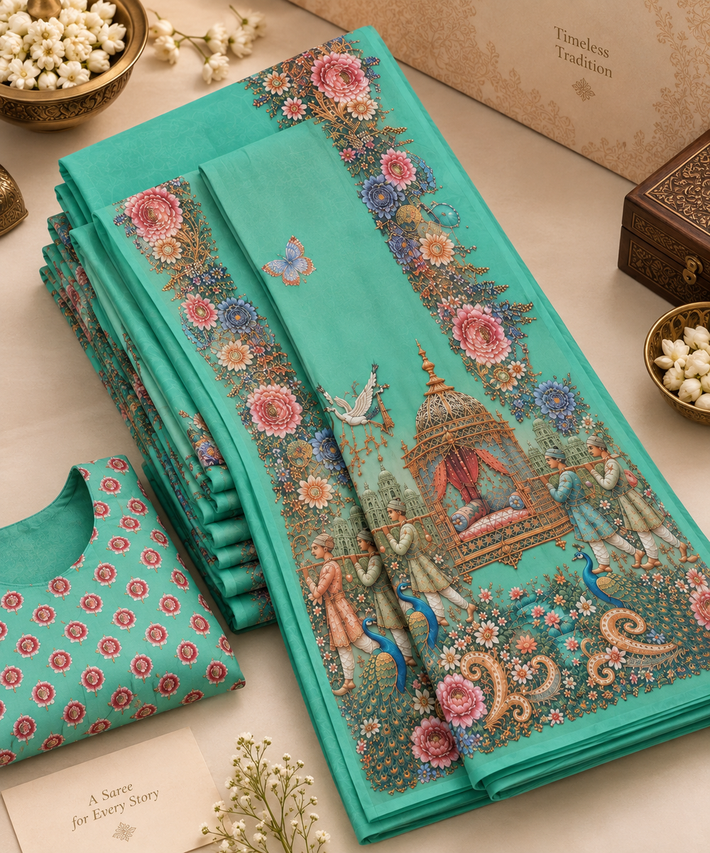 Mint Green Floral Peacock Digital Print Saree