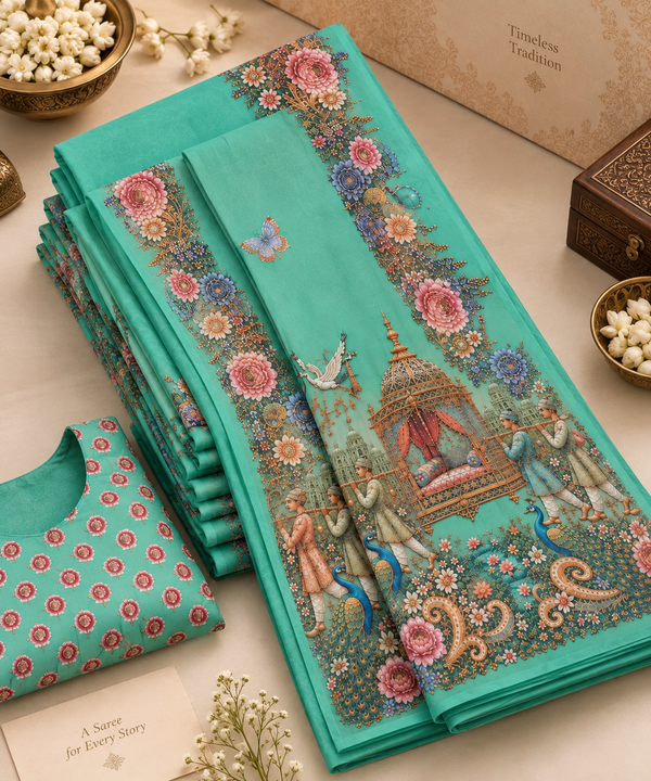 Mint Green Floral Peacock Digital Print Saree