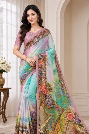 Pastel Multicolor Floral Musical Instrument Digital Print Saree