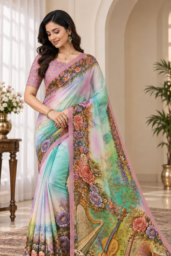 Pastel Multicolor Floral Musical Instrument Digital Print Saree