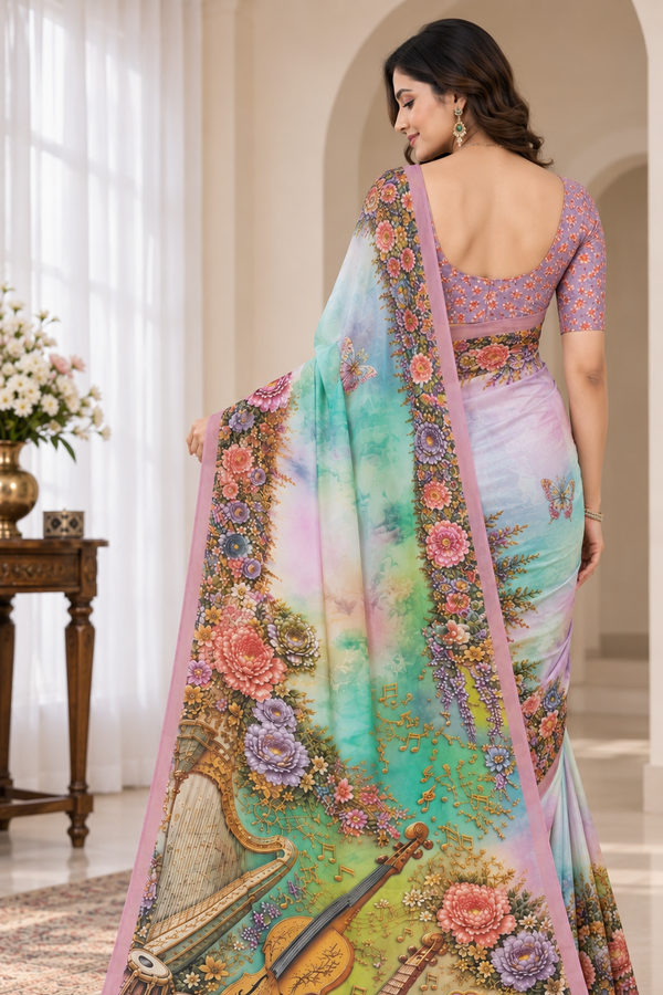 Pastel Multicolor Floral Musical Instrument Digital Print Saree