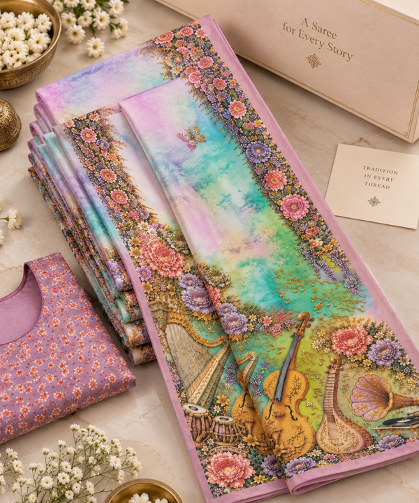 Pastel Multicolor Floral Musical Instrument Digital Print Saree