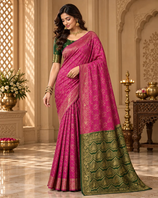 Royal Magenta Pink & Green Woven Saree with Golden Paisley Motifs & Designer Zari Pallu