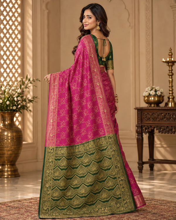 Royal Magenta Pink & Green Woven Saree with Golden Paisley Motifs & Designer Zari Pallu