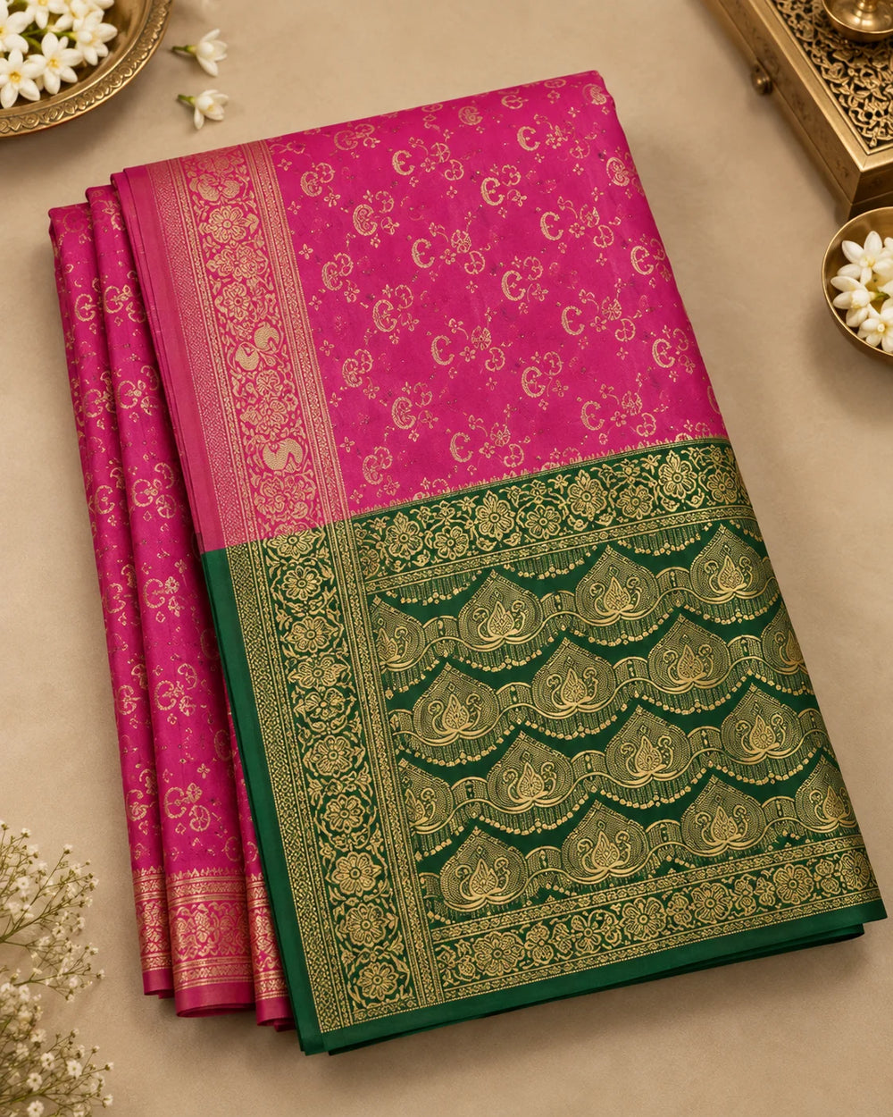 Royal Magenta Pink & Green Woven Saree with Golden Paisley Motifs & Designer Zari Pallu