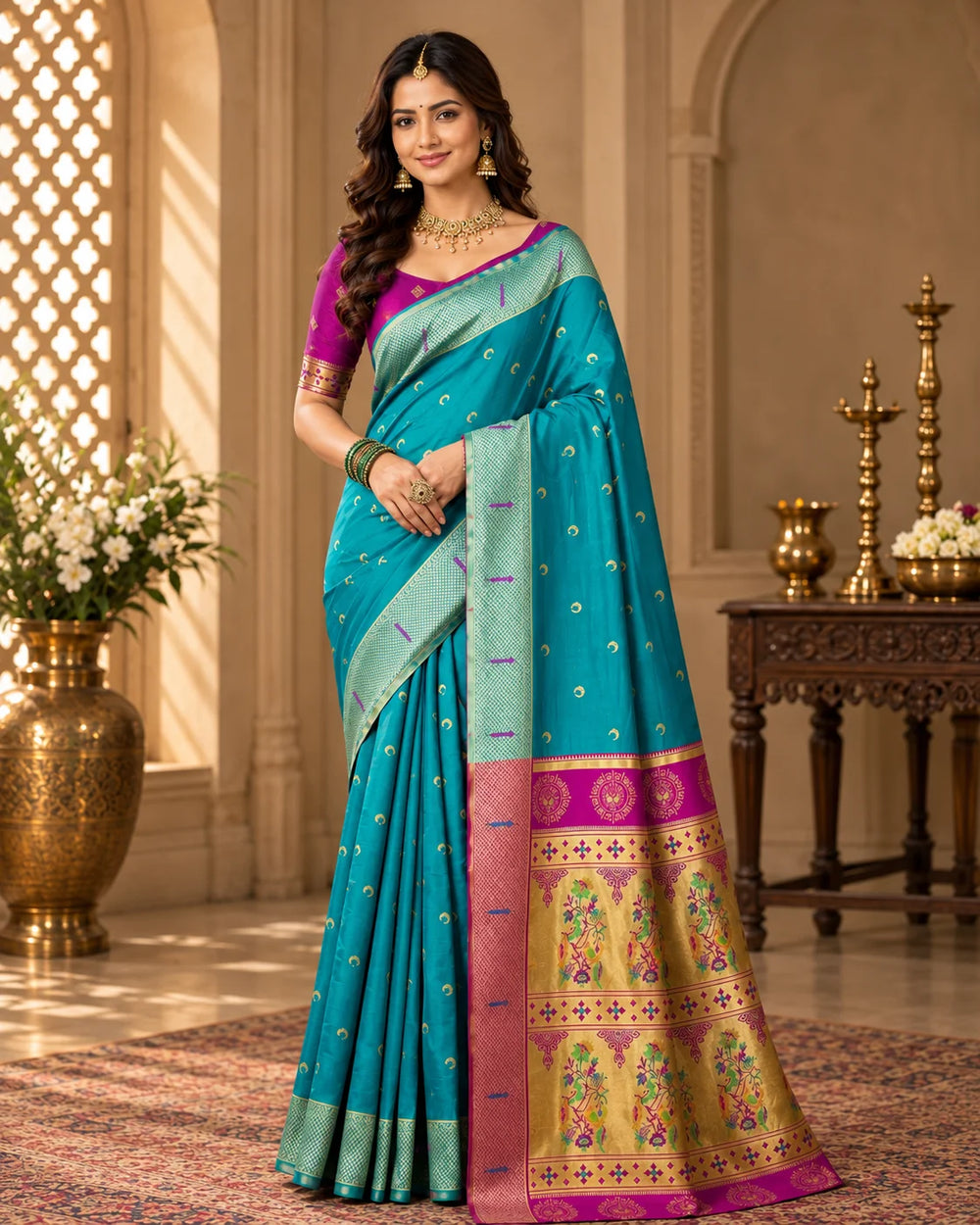 Banarasi Style Turquoise Blue & Magenta Art Silk Saree with Woven Zari Motifs