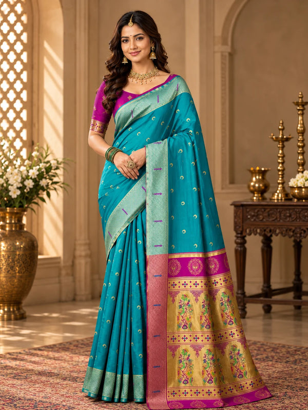 Banarasi Style Turquoise Blue & Magenta Art Silk Saree with Woven Zari Motifs