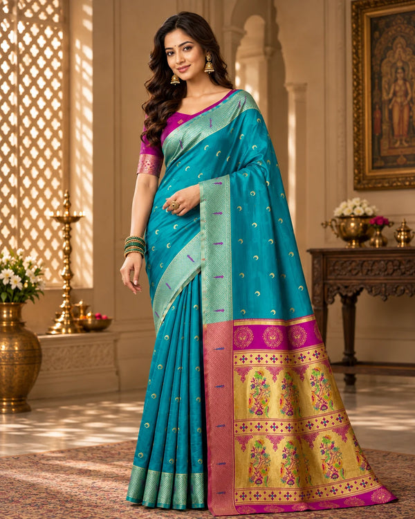 Banarasi Style Turquoise Blue & Magenta Art Silk Saree with Woven Zari Motifs