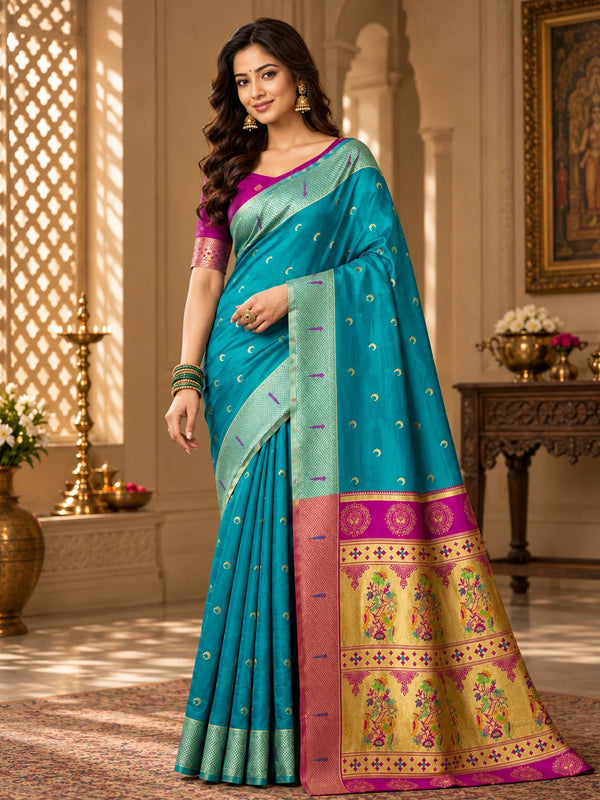 Banarasi Style Turquoise Blue & Magenta Art Silk Saree with Woven Zari Motifs