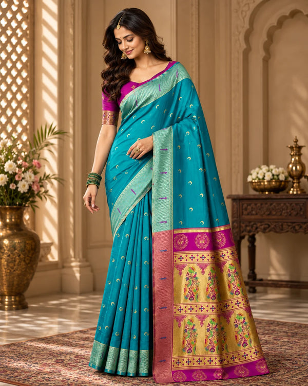 Banarasi Style Turquoise Blue & Magenta Art Silk Saree with Woven Zari Motifs