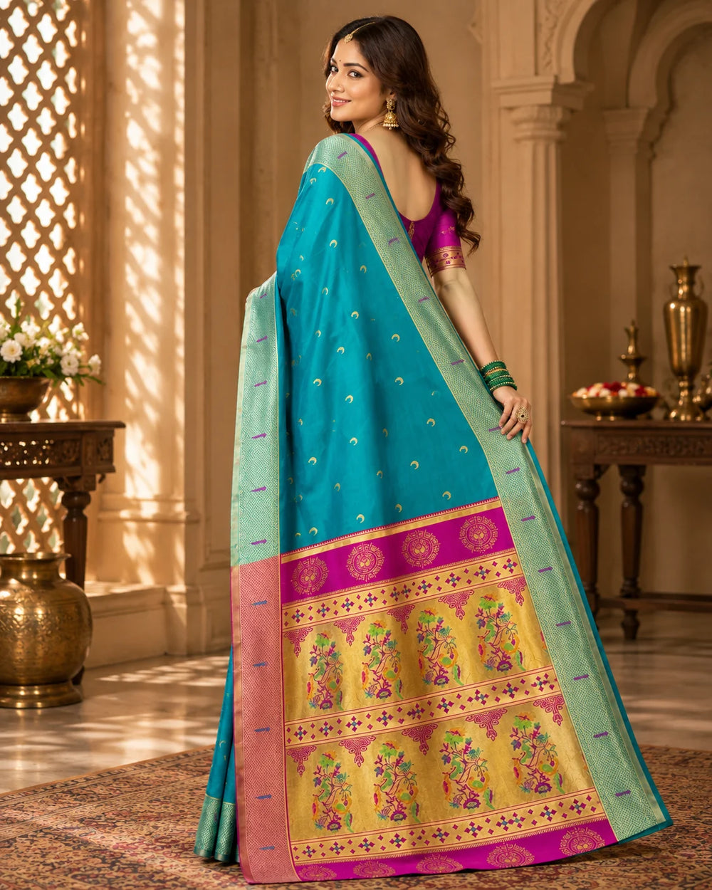 Banarasi Style Turquoise Blue & Magenta Art Silk Saree with Woven Zari Motifs