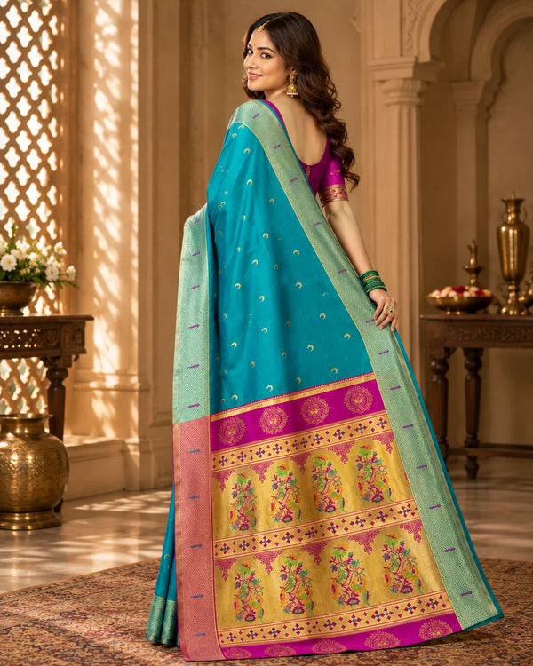 Banarasi Style Turquoise Blue & Magenta Art Silk Saree with Woven Zari Motifs