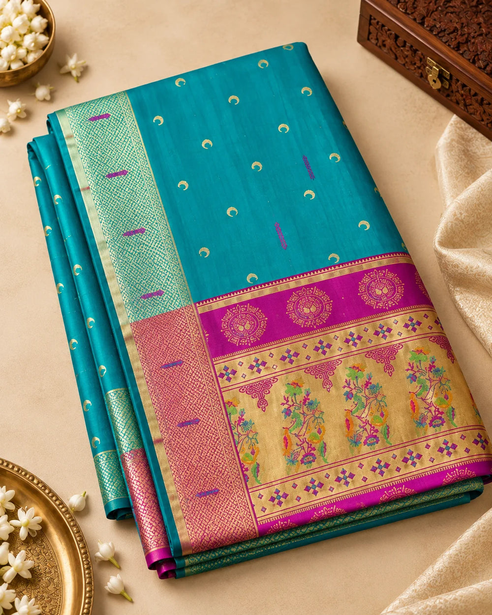 Banarasi Style Turquoise Blue & Magenta Art Silk Saree with Woven Zari Motifs