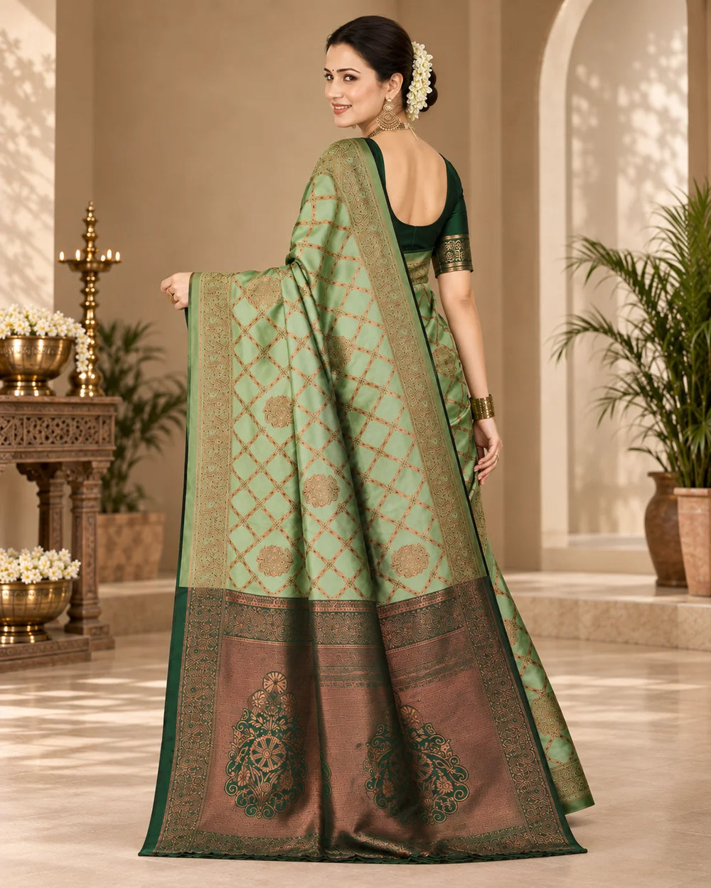 Mint Green & Dark Green Designer Silk Saree