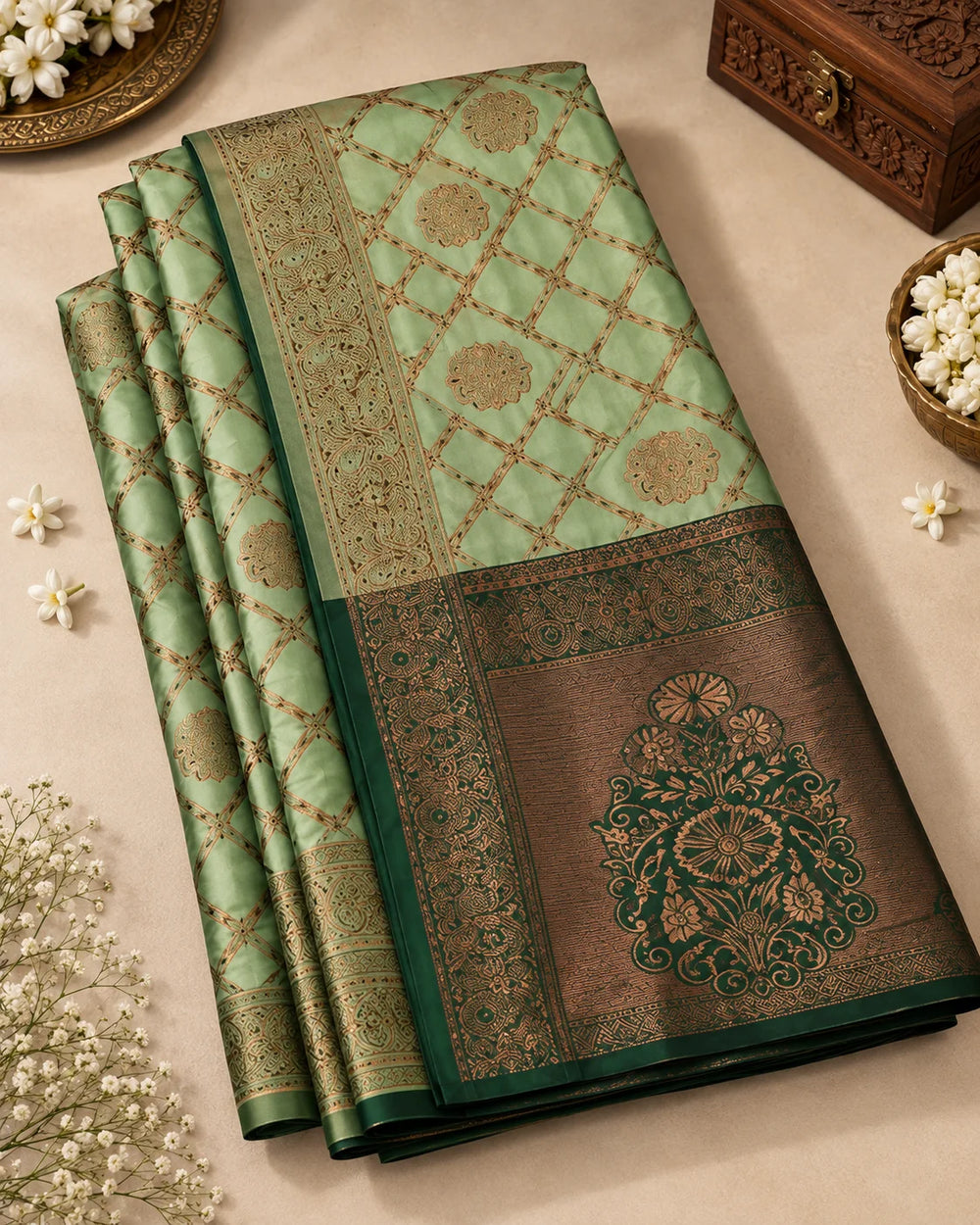 Mint Green & Dark Green Designer Silk Saree