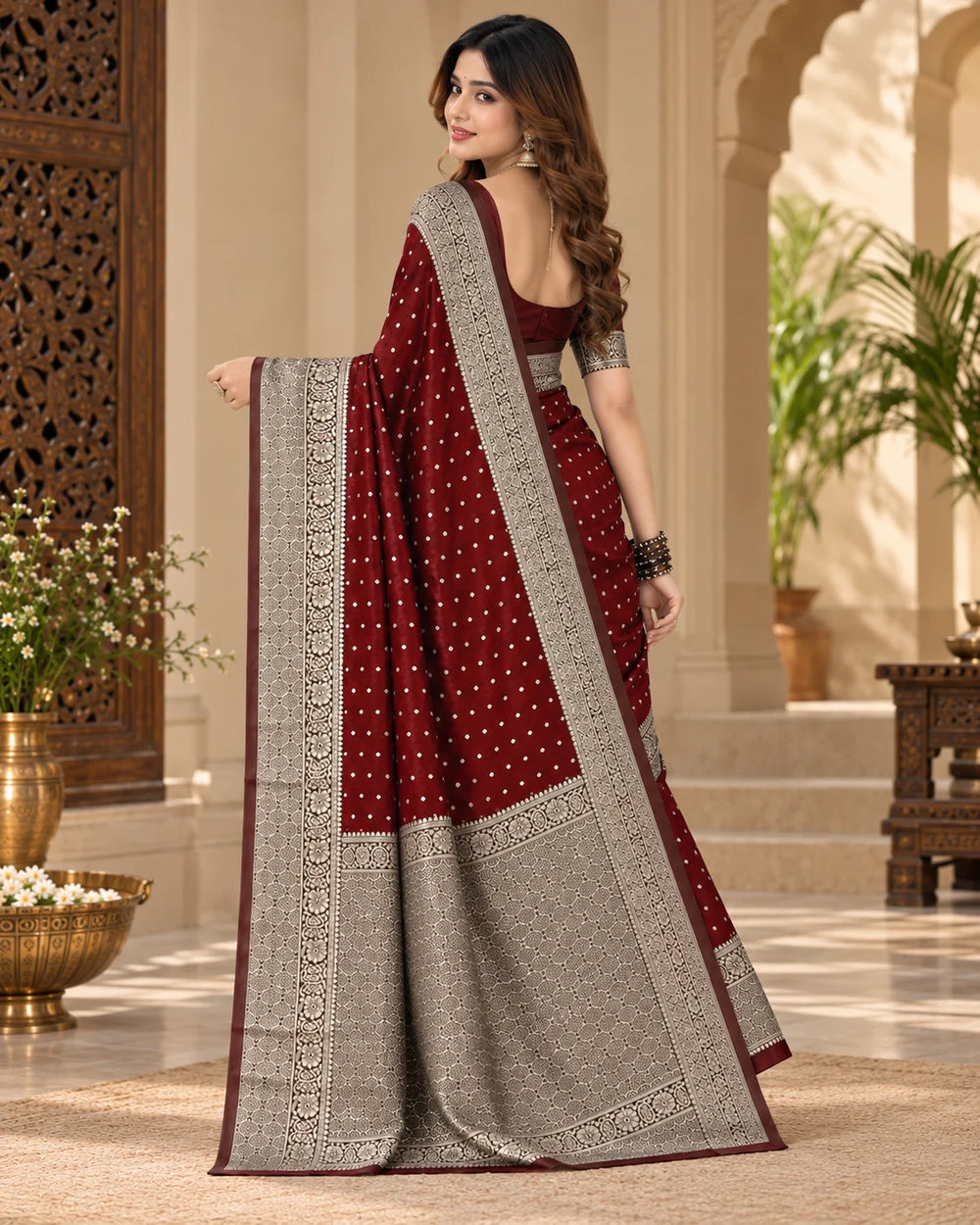 Wine Maroon & Silver Designer Saree
