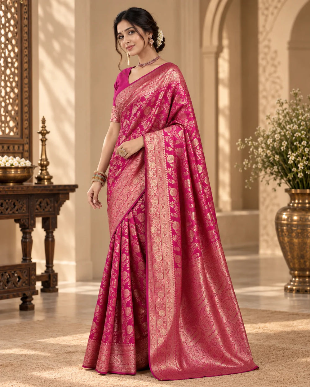 Rani Pink & Gold Designer Saree