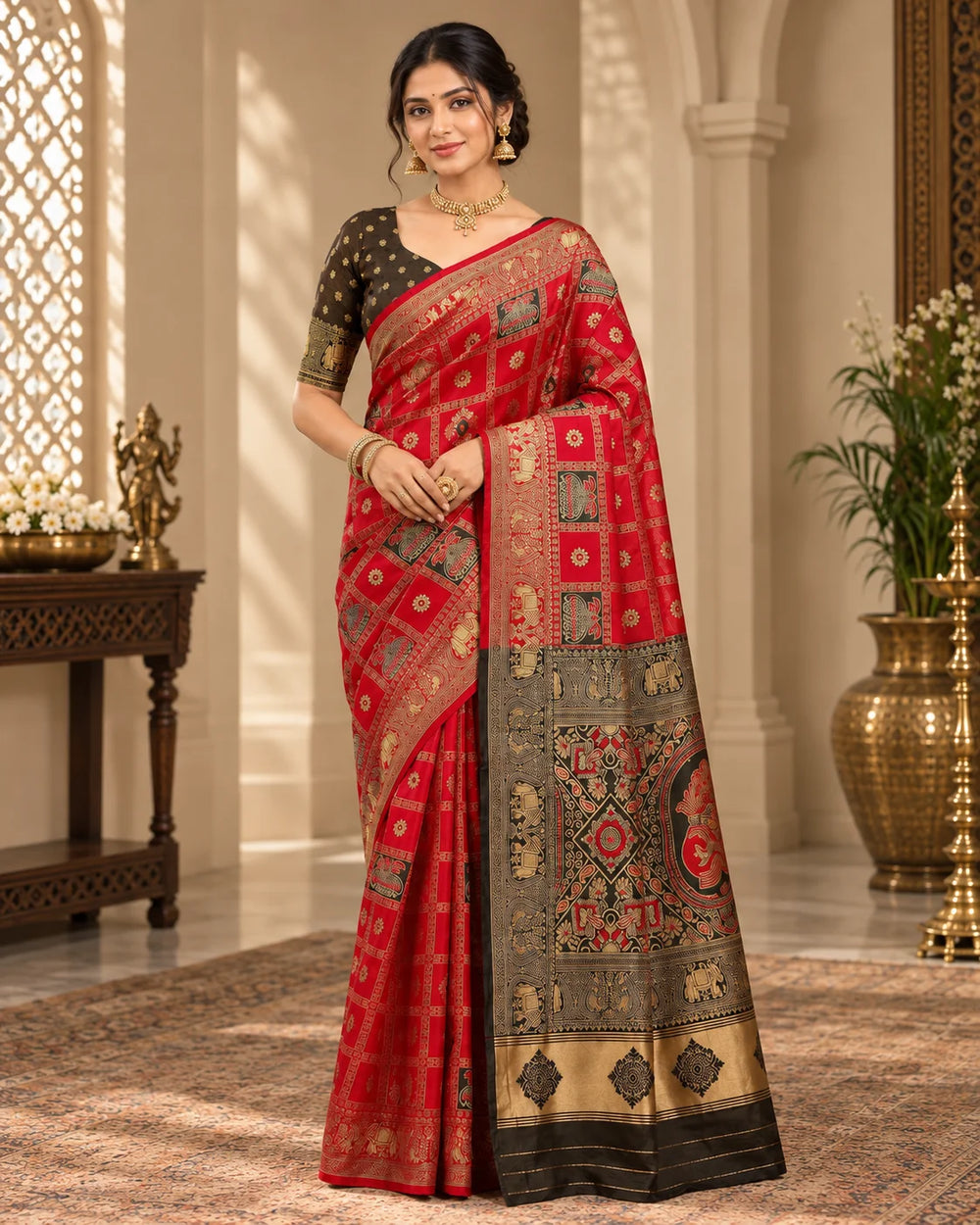 Red & Black Woven Saree with Gold Zari Border