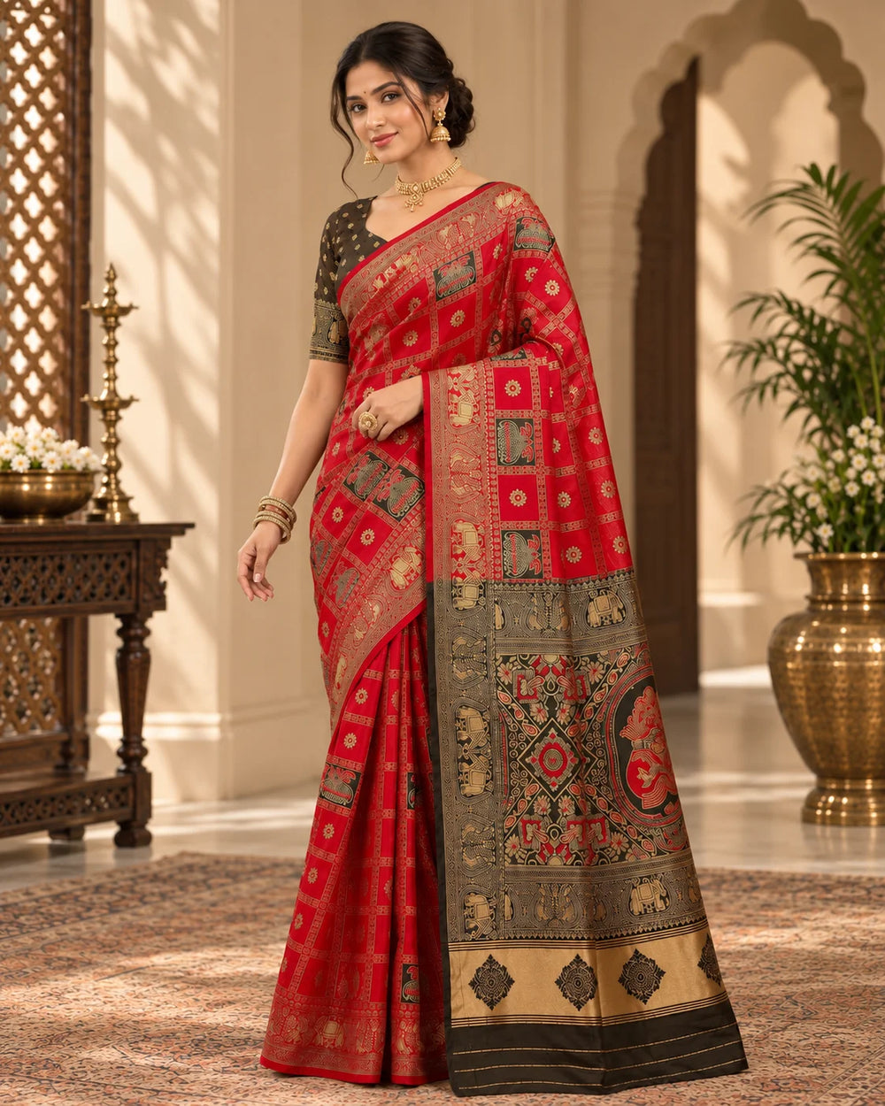 Red & Black Woven Saree with Gold Zari Border