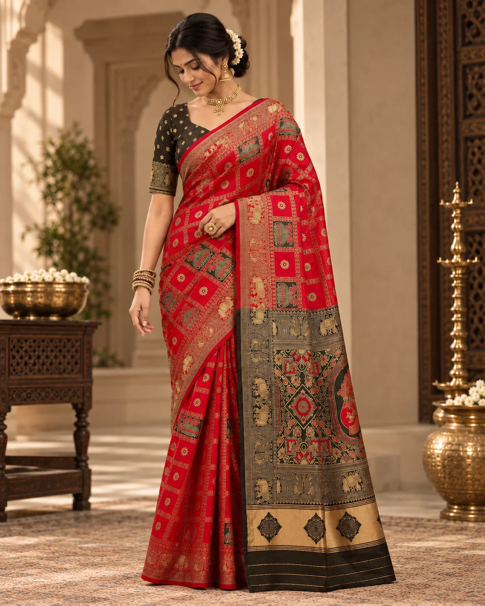 Red & Black Woven Saree with Gold Zari Border