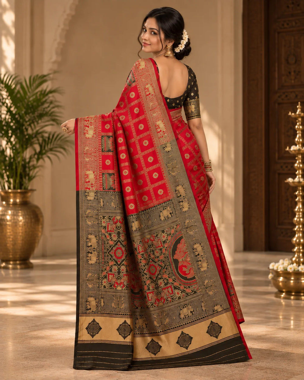 Red & Black Woven Saree with Gold Zari Border