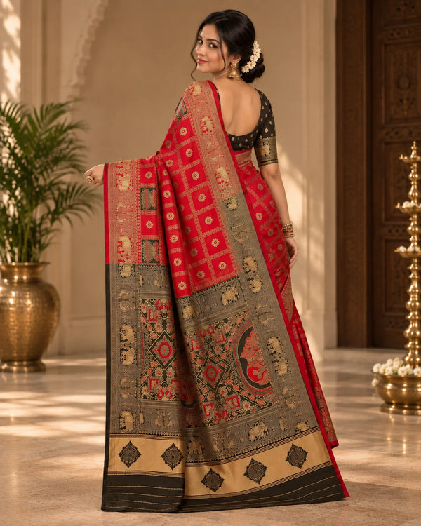 Red & Black Woven Saree with Gold Zari Border
