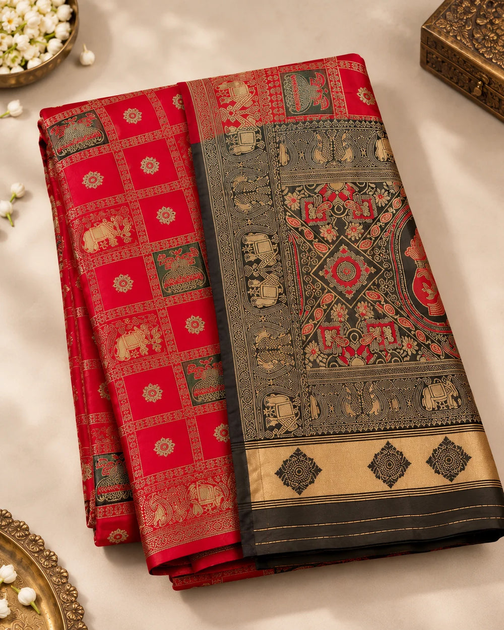Red & Black Woven Saree with Gold Zari Border