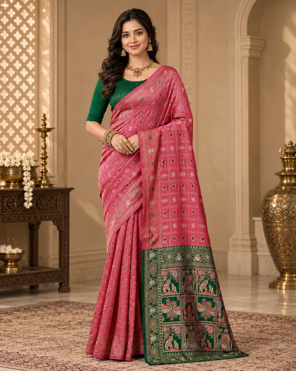Elegant Pink & Green Woven Saree with Traditional Motifs, Designer Pallu & Rich Zari Border