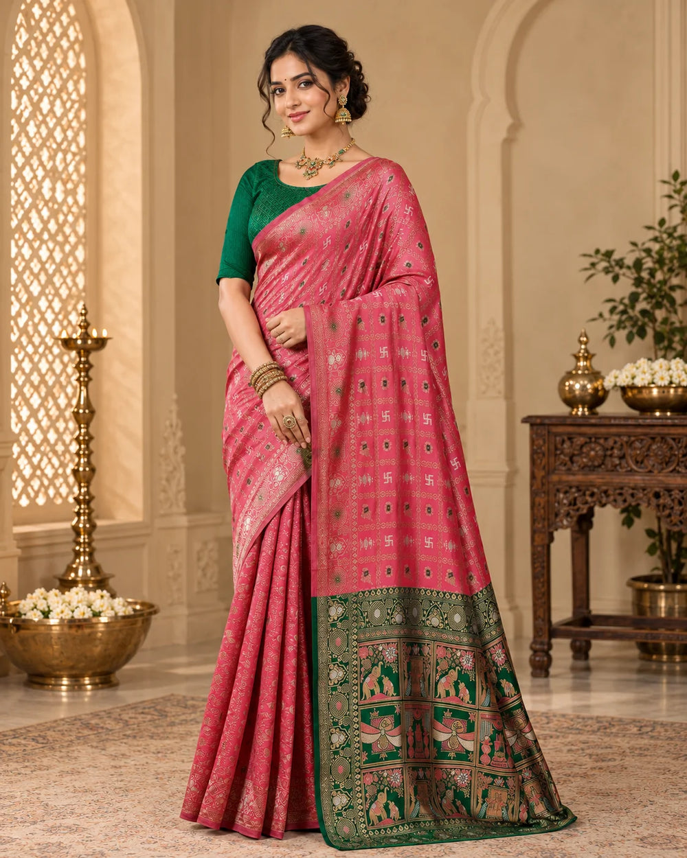 Elegant Pink & Green Woven Saree with Traditional Motifs, Designer Pallu & Rich Zari Border