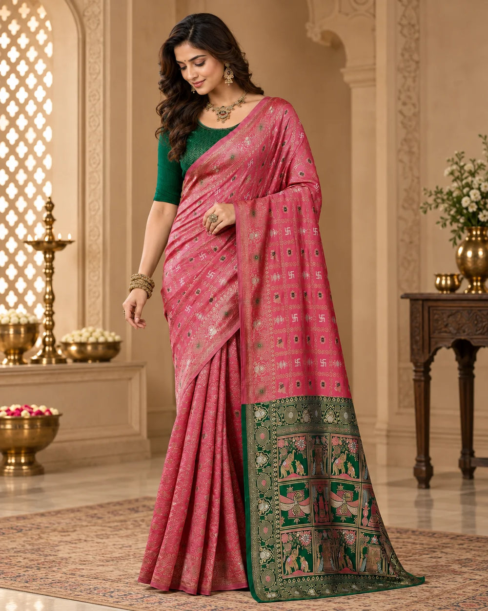 Elegant Pink & Green Woven Saree with Traditional Motifs, Designer Pallu & Rich Zari Border