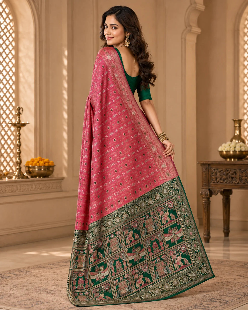 Elegant Pink & Green Woven Saree with Traditional Motifs, Designer Pallu & Rich Zari Border