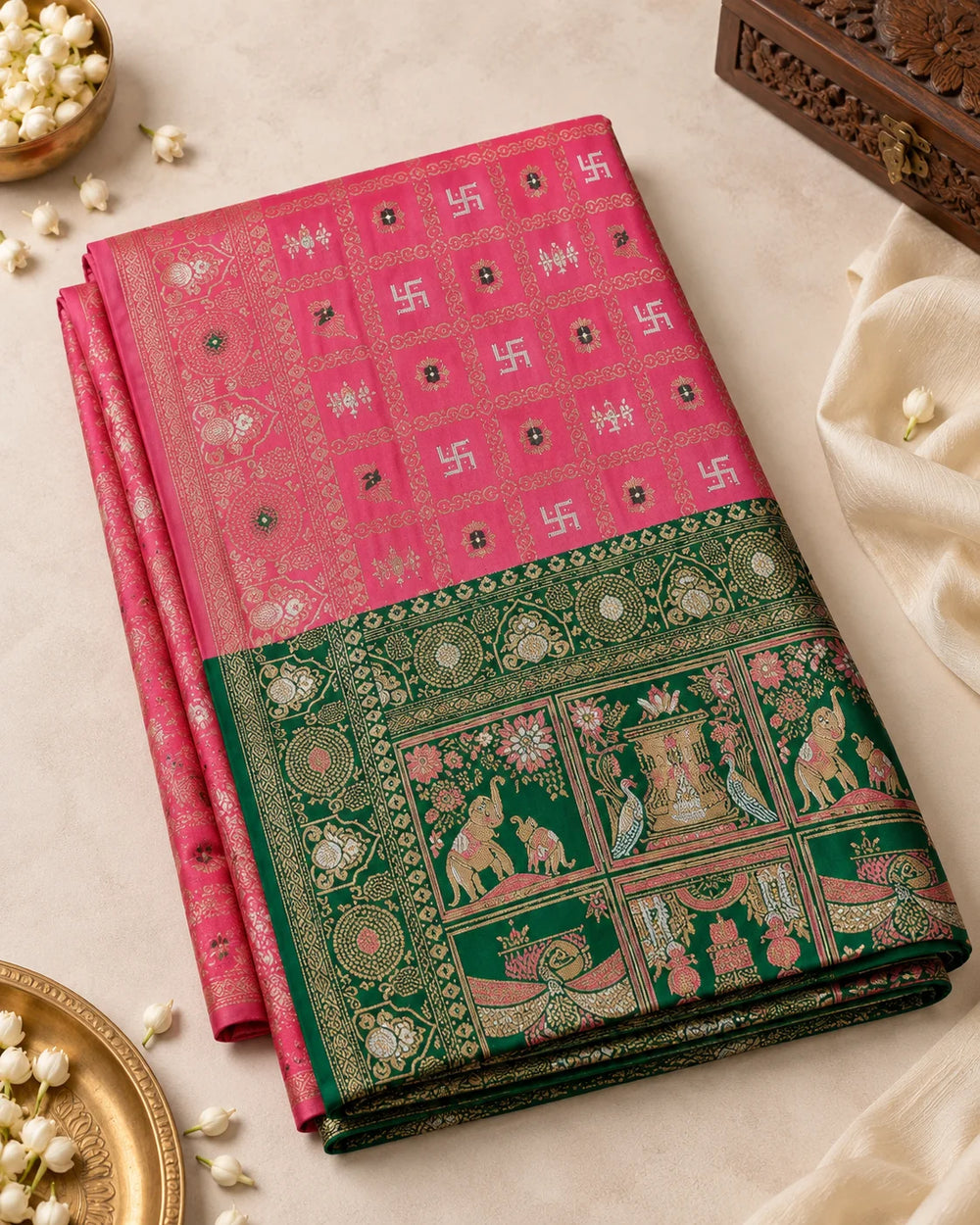 Elegant Pink & Green Woven Saree with Traditional Motifs, Designer Pallu & Rich Zari Border