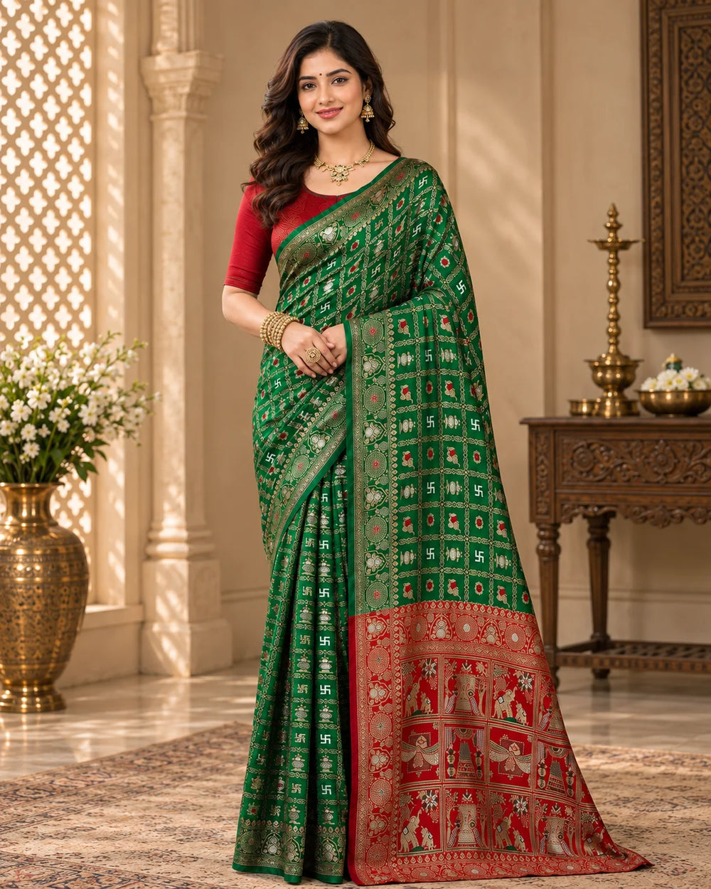 Emerald Green & Red Traditional Woven Silk Saree