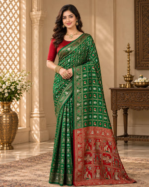 Emerald Green & Red Traditional Woven Silk Saree
