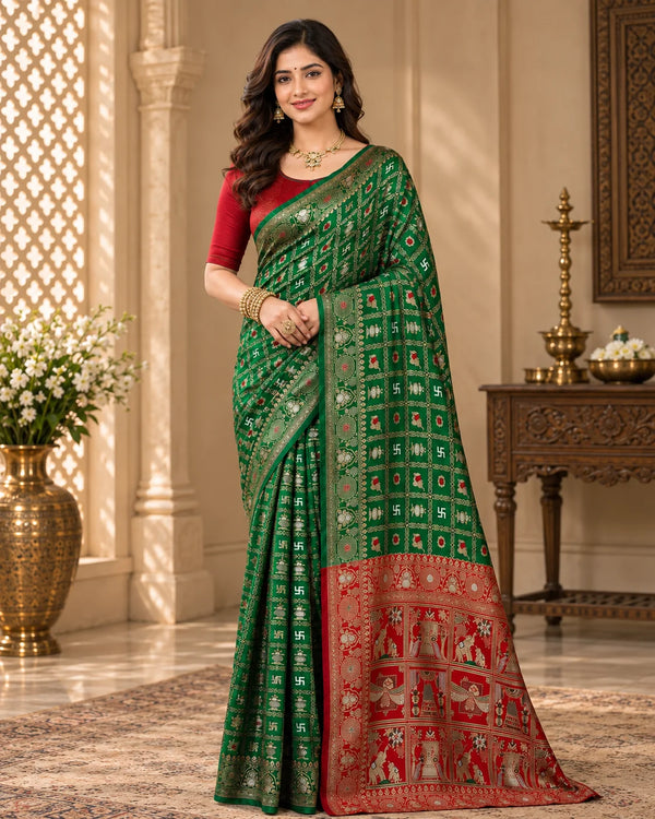 Emerald Green & Red Traditional Woven Silk Saree