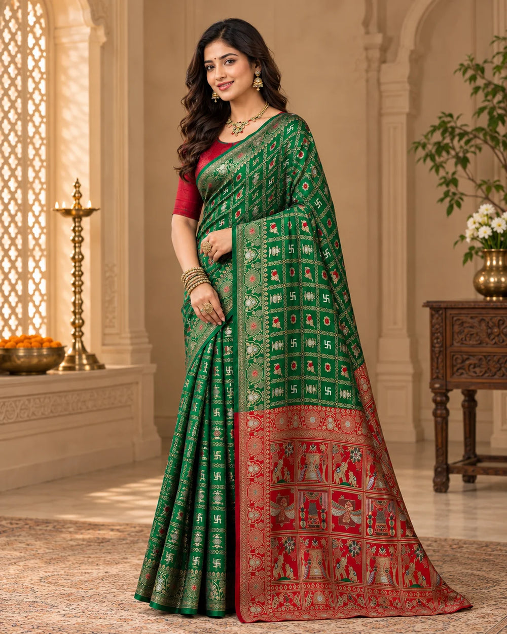 Emerald Green & Red Traditional Woven Silk Saree