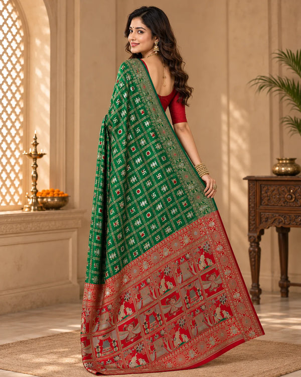 Emerald Green & Red Traditional Woven Silk Saree