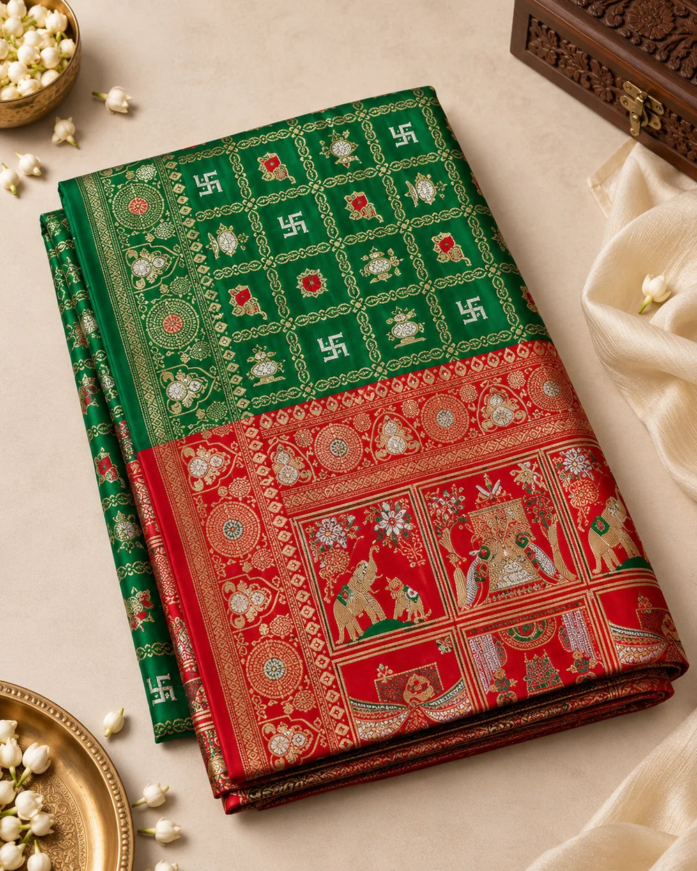Emerald Green & Red Traditional Woven Silk Saree