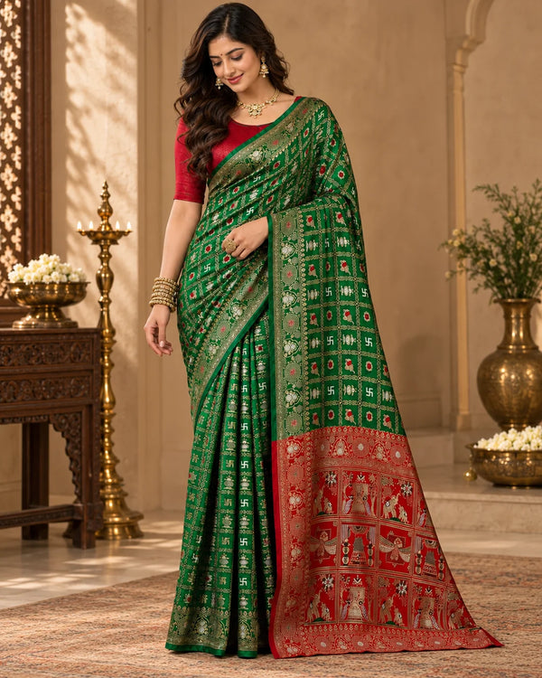 Emerald Green & Red Traditional Woven Silk Saree