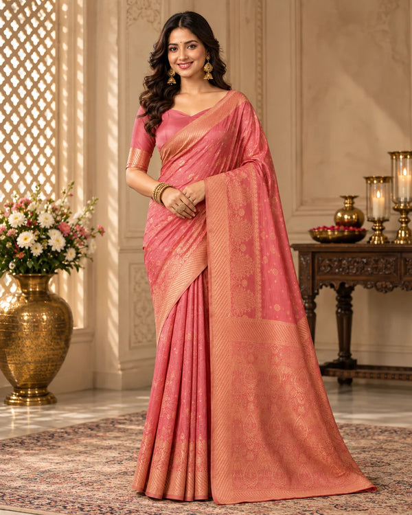 Elegant Peach Pink Woven Silk Saree with Golden Floral Motifs & Designer Zari Pallu