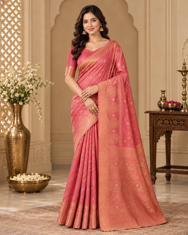 Elegant Peach Pink Woven Silk Saree with Golden Floral Motifs & Designer Zari Pallu