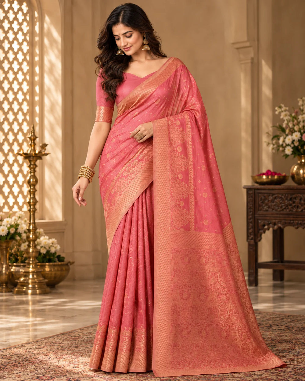 Elegant Peach Pink Woven Silk Saree with Golden Floral Motifs & Designer Zari Pallu