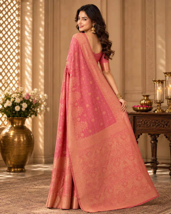 Elegant Peach Pink Woven Silk Saree with Golden Floral Motifs & Designer Zari Pallu
