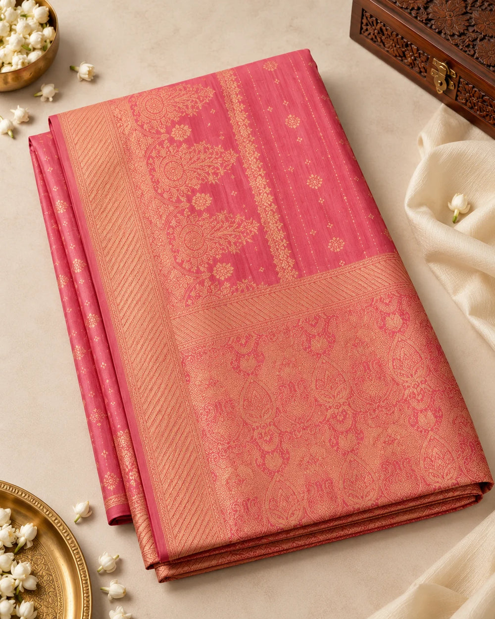 Elegant Peach Pink Woven Silk Saree with Golden Floral Motifs & Designer Zari Pallu