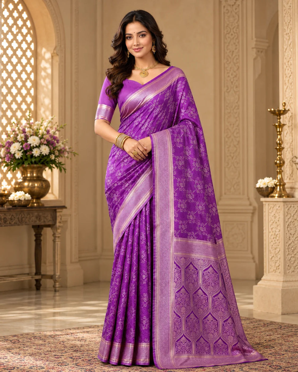Elegant Royal Purple Designer Saree with Intricate Floral Motifs, Woven Border & Traditional Pallu