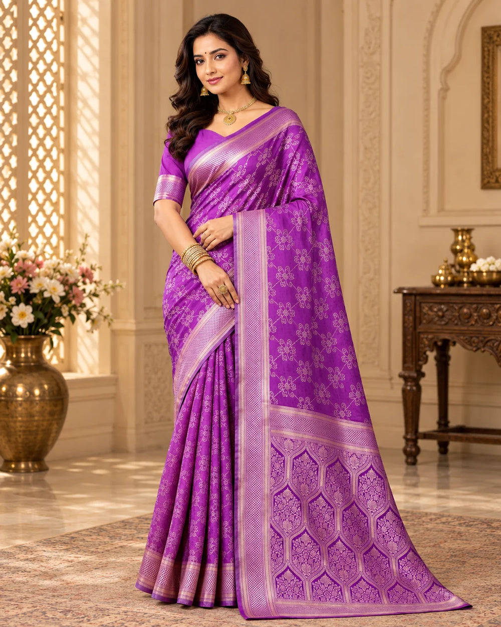 Elegant Royal Purple Designer Saree with Intricate Floral Motifs, Woven Border & Traditional Pallu