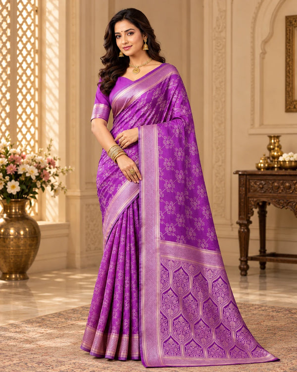Elegant Royal Purple Designer Saree with Intricate Floral Motifs, Woven Border & Traditional Pallu