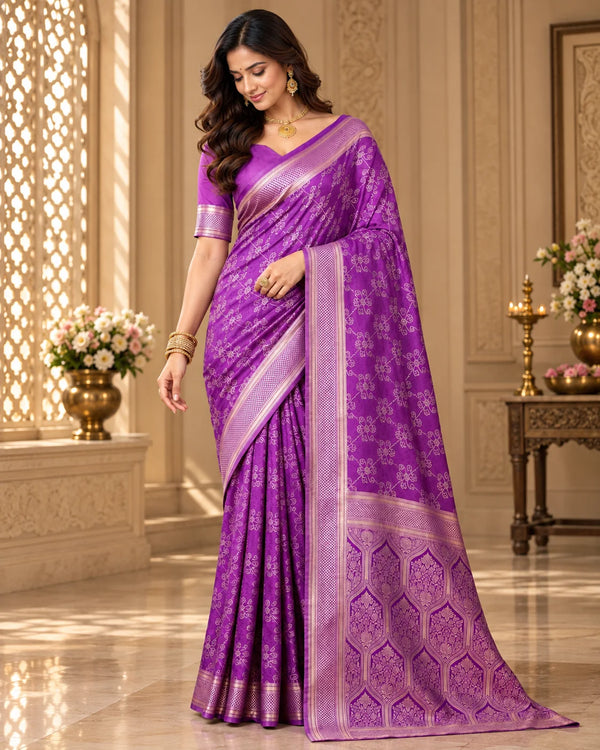 Elegant Royal Purple Designer Saree with Intricate Floral Motifs, Woven Border & Traditional Pallu